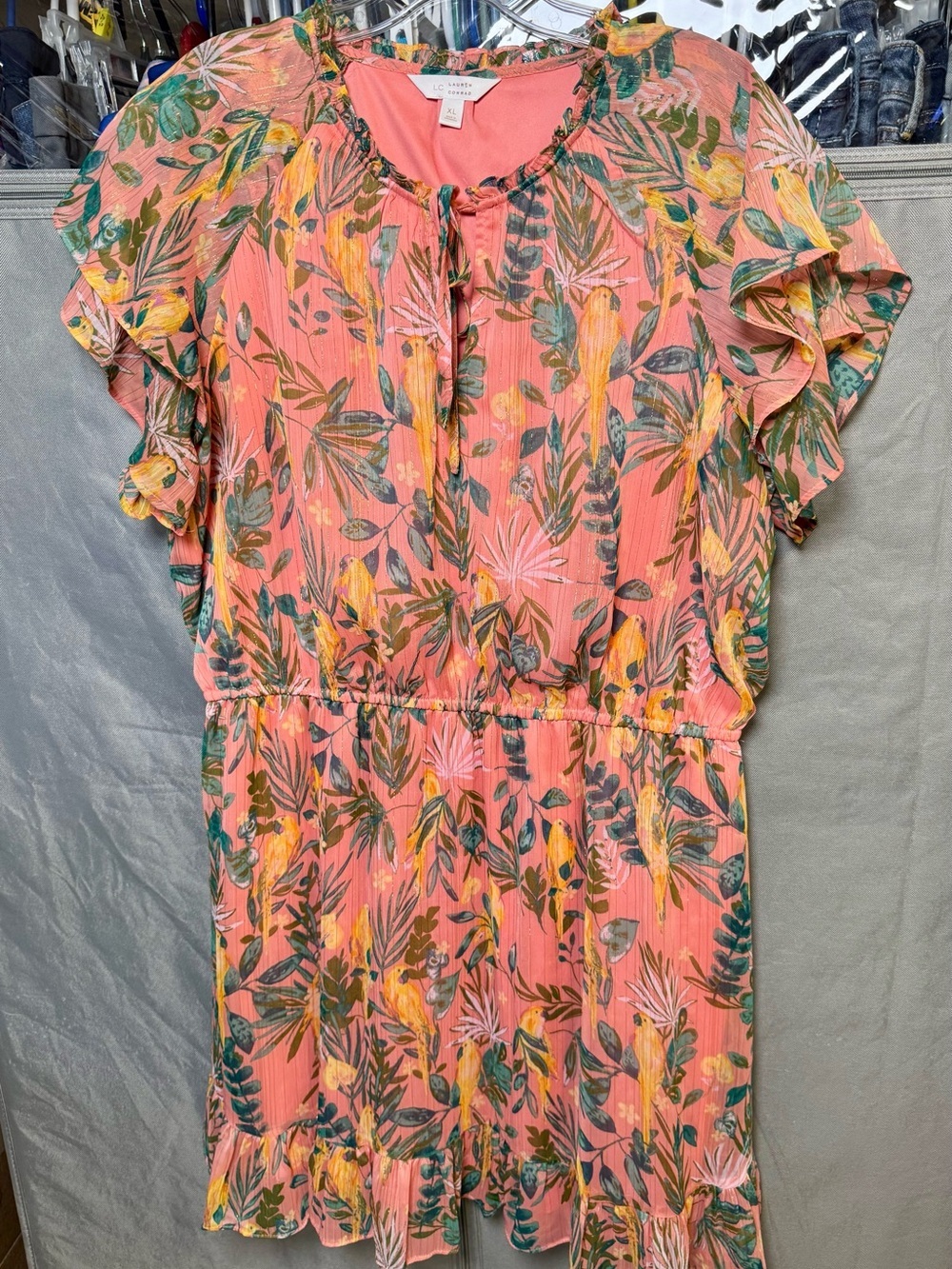 LC Lauren Conrad Coral Pink Floral Tie-Neck Ruffle Tunic